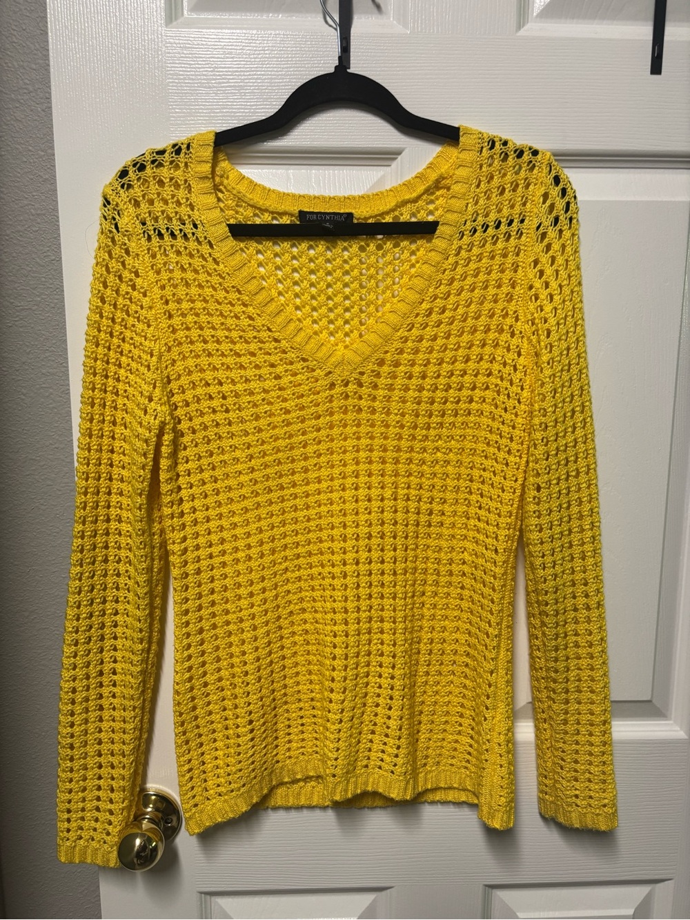 For Cynthia Yellow Open-Knit V-Neck Sweater